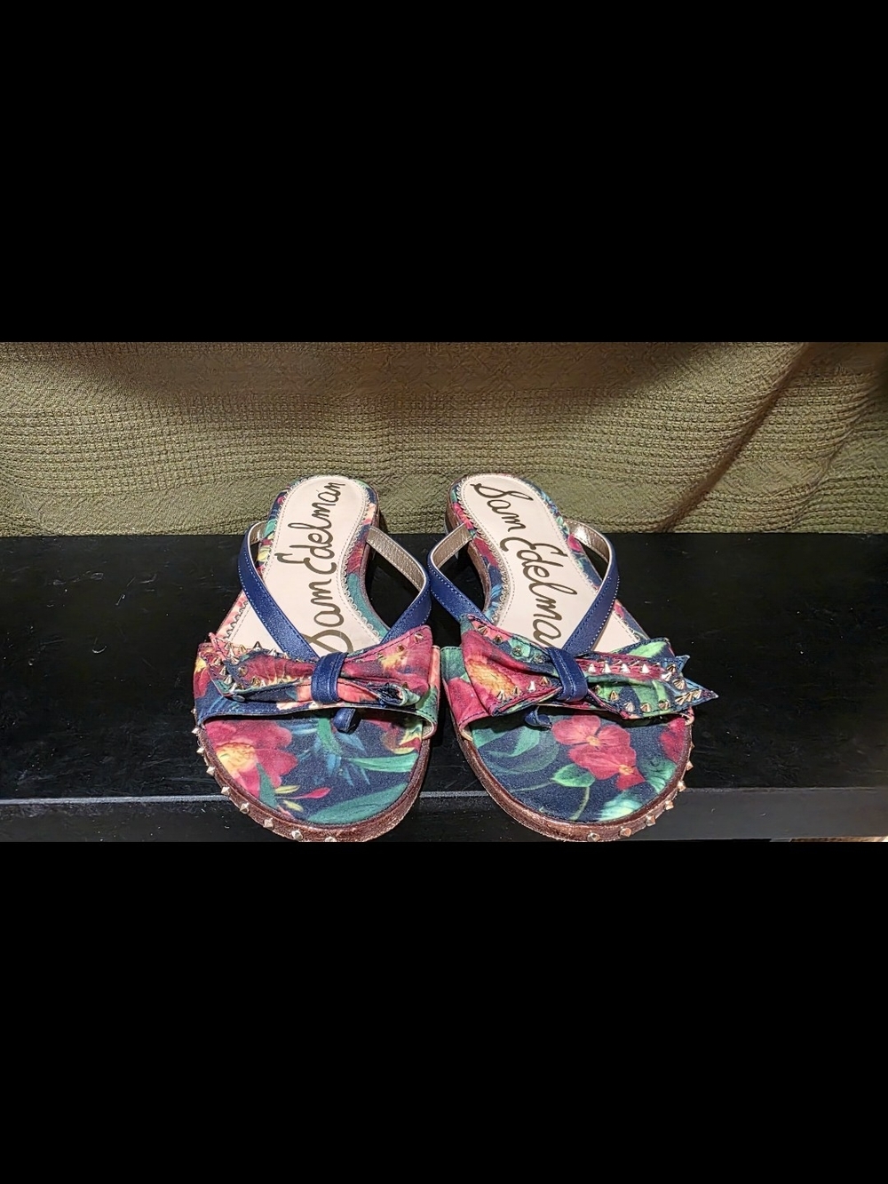 Sam Edelman Floral Bow Slide Sandals in Navy and Multicolor